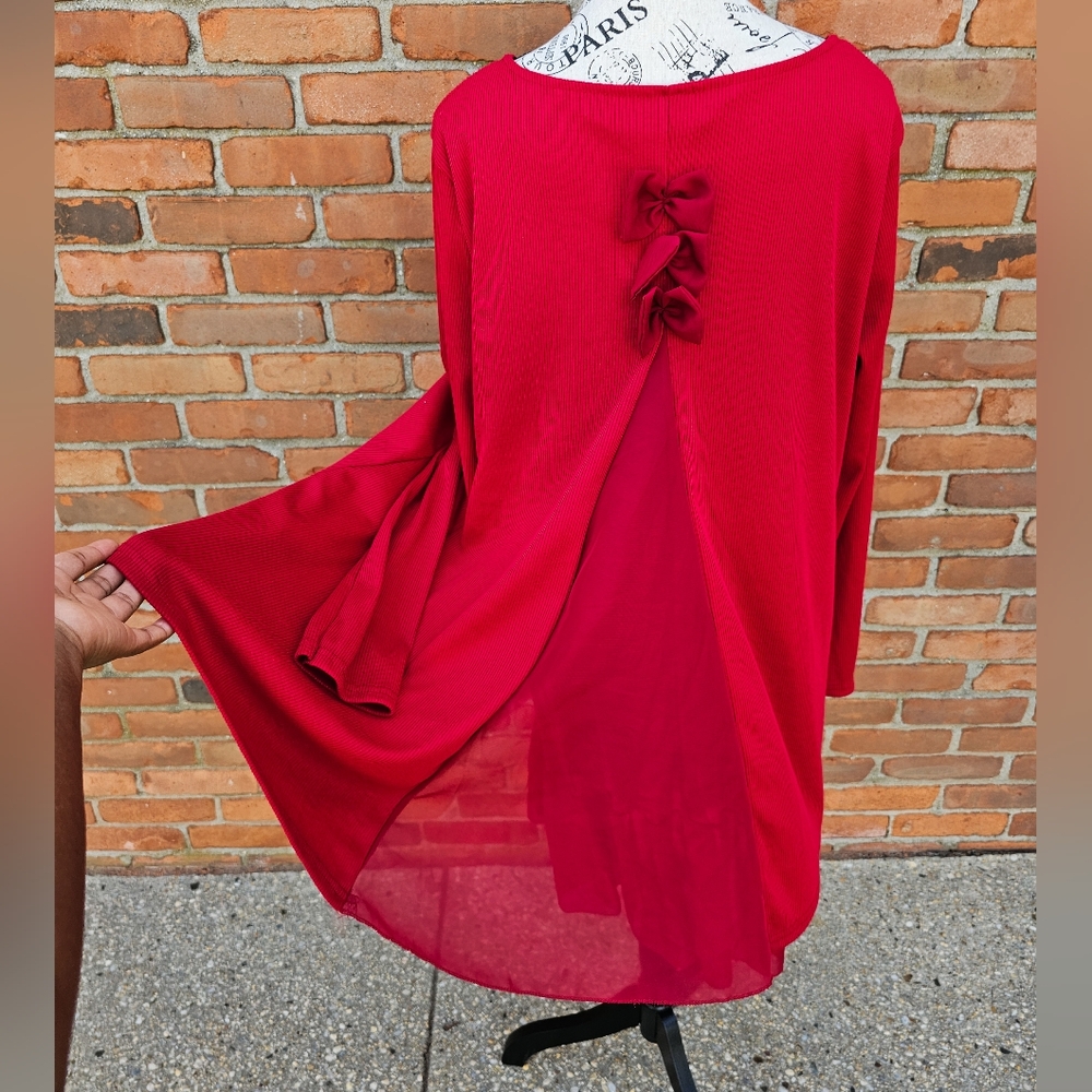 C.L Shang Red Ribbed Babydoll Tunic Dress Bow Back Chiffon Hem Size L